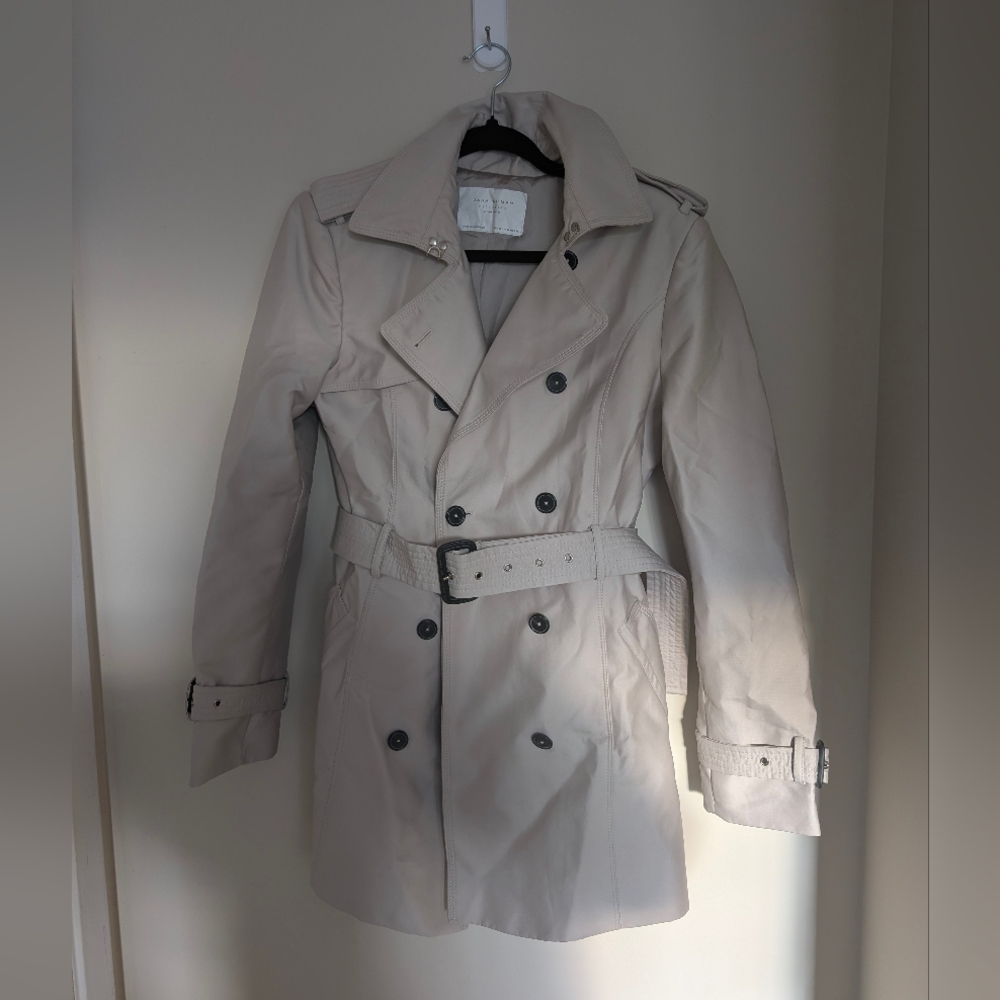 Zara Women's Classic Short Double-Breasted Trench Coat - Gray